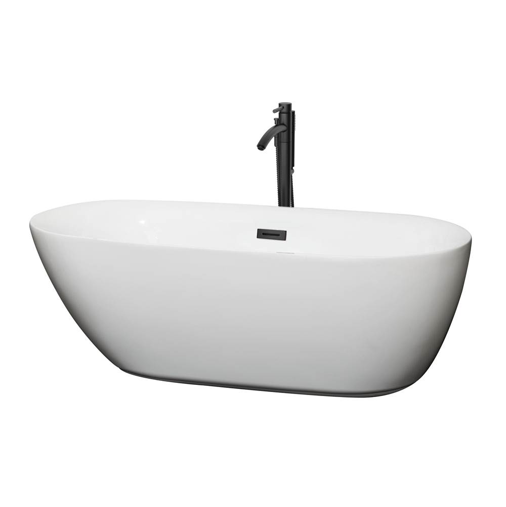 Wyndham Collection Melissa 65 Inch Freestanding Bathtub in White with Floor Mounted Faucet, Drain and Overflow Trim in Matte Black