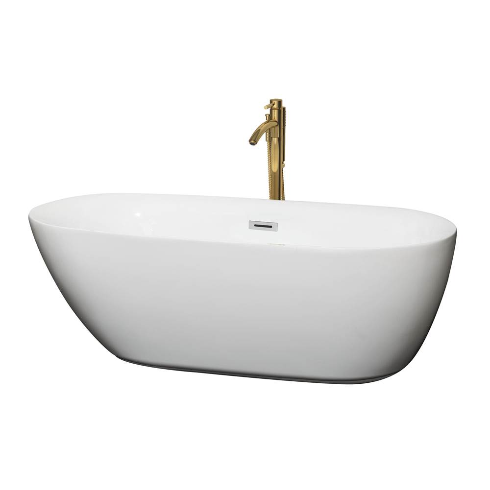 Wyndham Collection Melissa 65 Inch Freestanding Bathtub in White with Polished Chrome Trim and Floor Mounted Faucet in Brushed Gold
