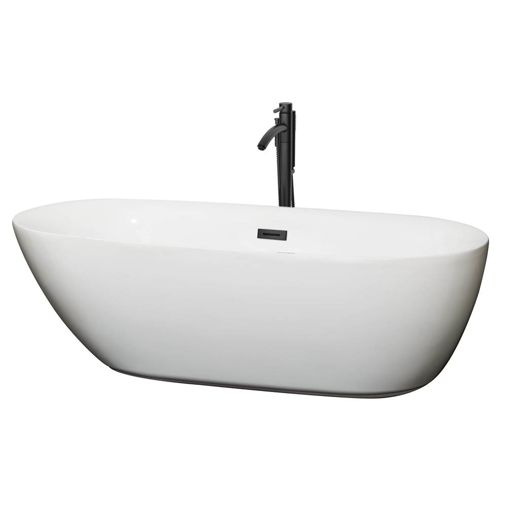 Wyndham Collection Melissa 71 Inch Freestanding Bathtub in White with Floor Mounted Faucet, Drain and Overflow Trim in Matte Black