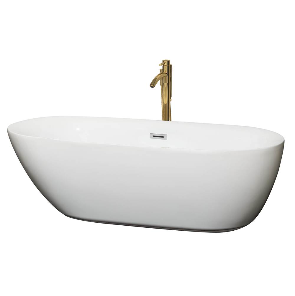 Wyndham Collection Melissa 71 Inch Freestanding Bathtub in White with Polished Chrome Trim and Floor Mounted Faucet in Brushed Gold