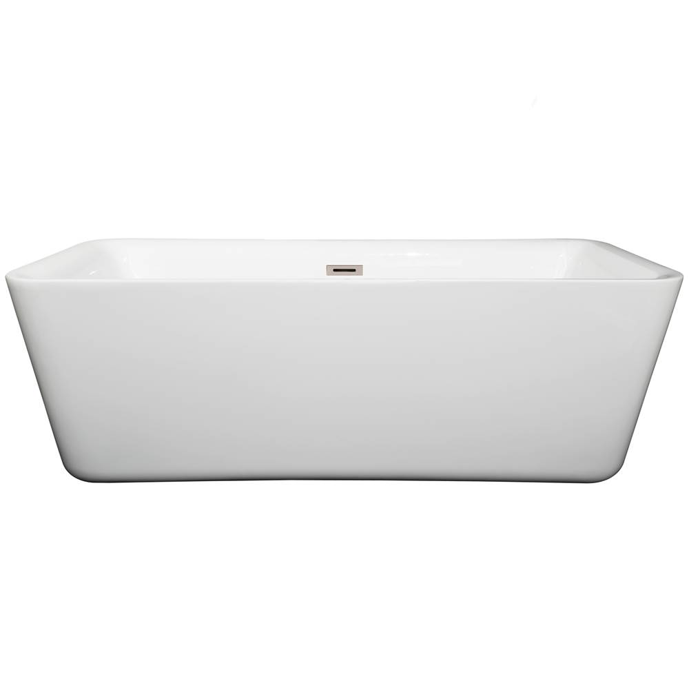 Wyndham Collection Emily 69 Inch Freestanding Bathtub in White with Brushed Nickel Drain and Overflow Trim