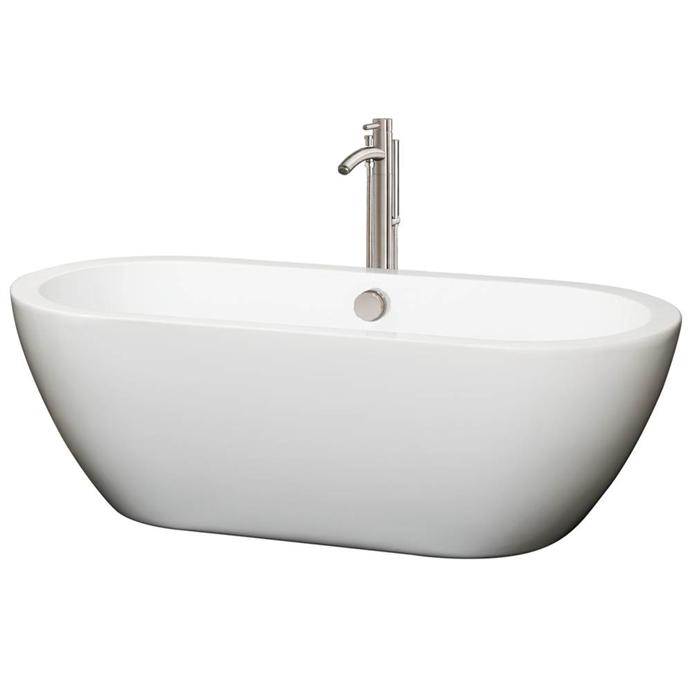 Wyndham Collection Soho 68 Inch Freestanding Bathtub in White with Floor Mounted Faucet, Drain and Overflow Trim in Brushed Nickel