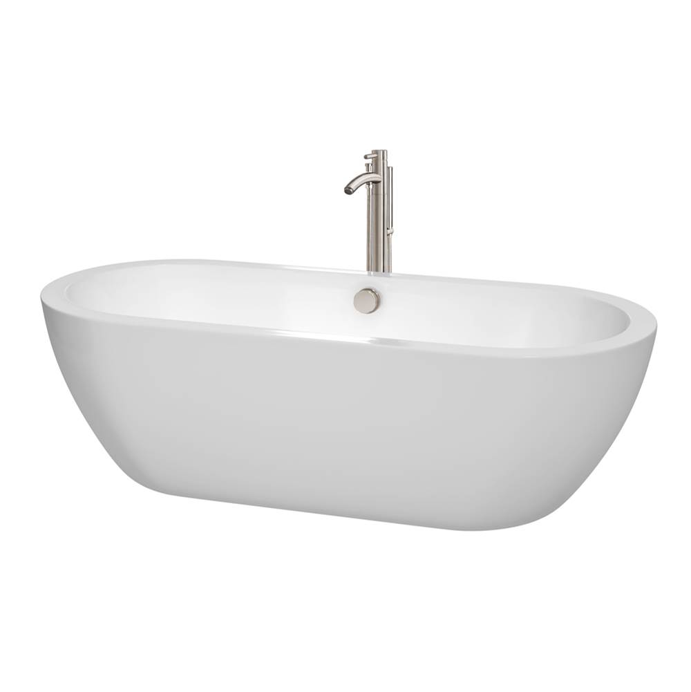 Wyndham Collection Soho 72 Inch Freestanding Bathtub in White with Floor Mounted Faucet, Drain and Overflow Trim in Brushed Nickel
