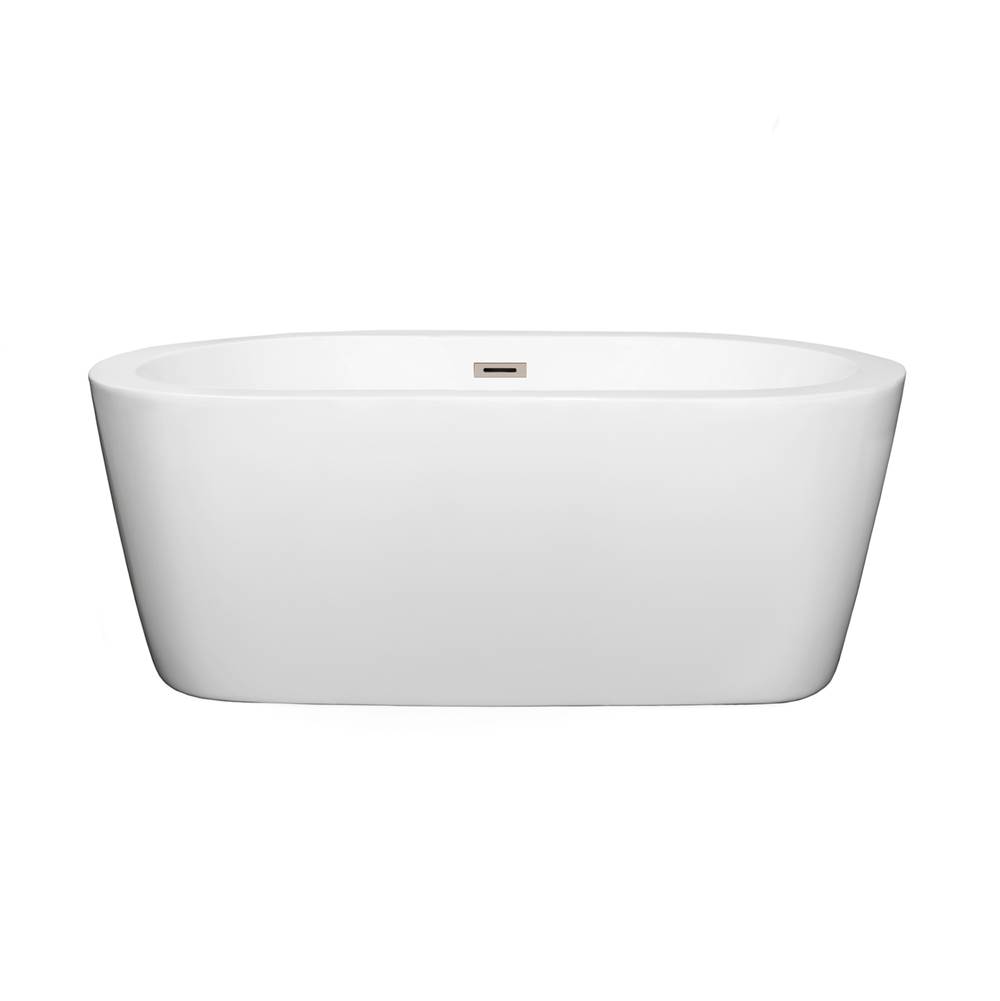 Wyndham Collection Mermaid 60 Inch Freestanding Bathtub in White with Brushed Nickel Drain and Overflow Trim