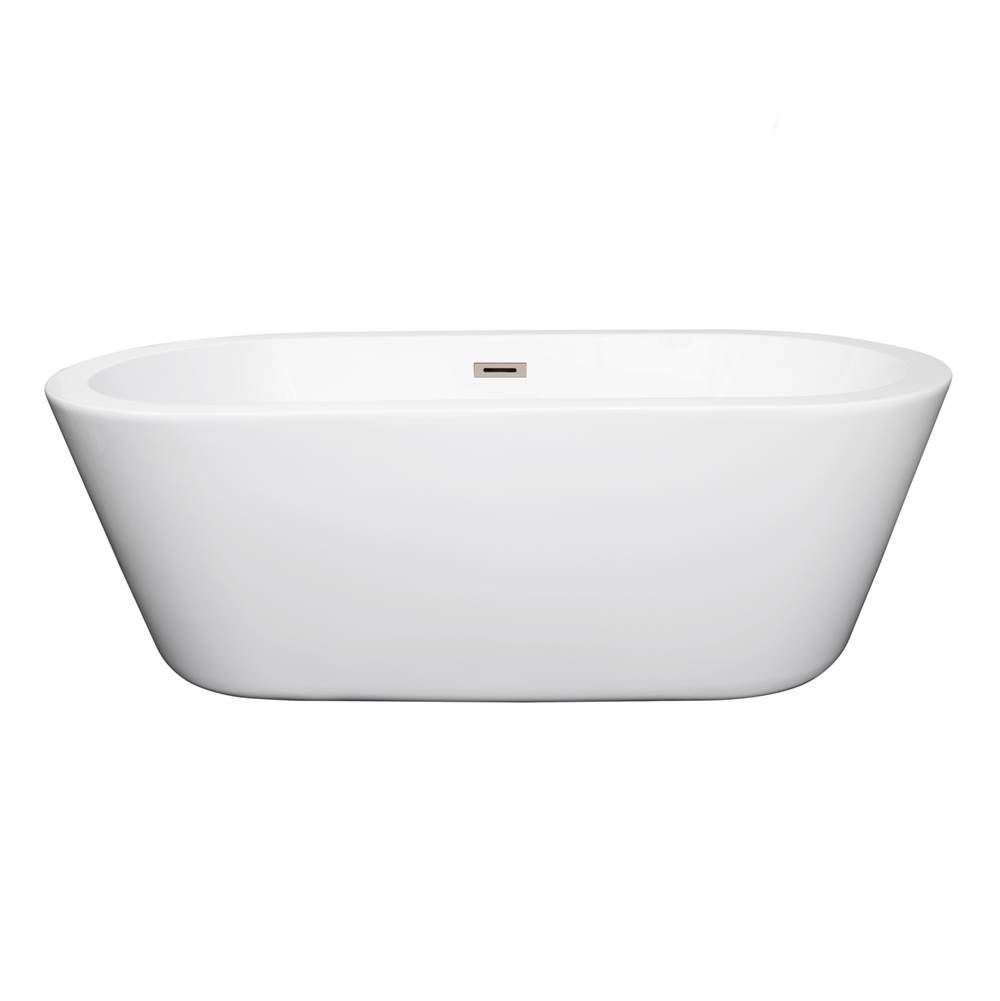 Wyndham Collection Mermaid 67 Inch Freestanding Bathtub in White with Brushed Nickel Drain and Overflow Trim