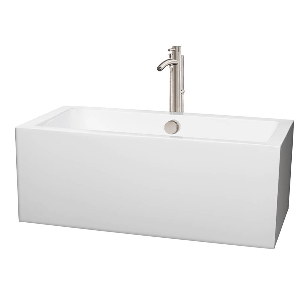 Wyndham Collection Melody 60 Inch Freestanding Bathtub in White with Floor Mounted Faucet, Drain and Overflow Trim in Brushed Nickel