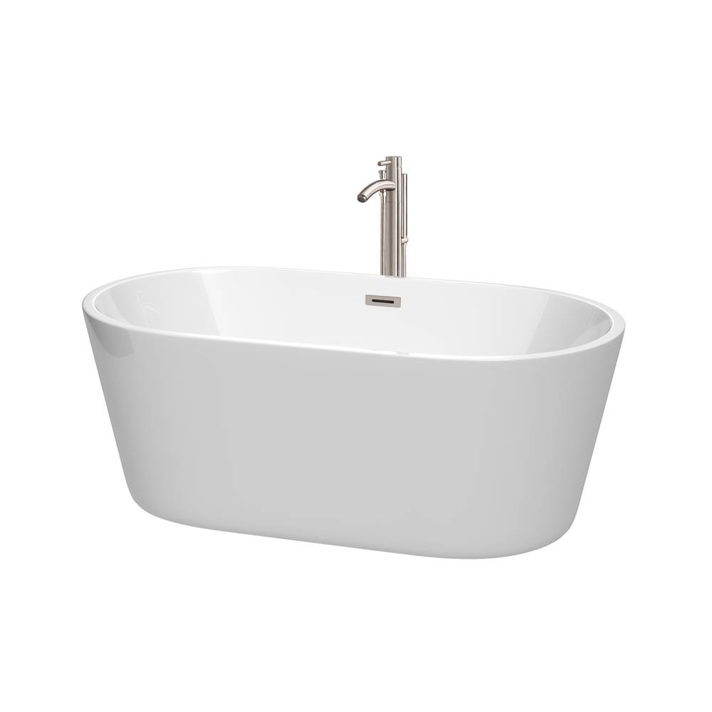 Wyndham Collection Carissa 60 Inch Freestanding Bathtub in White with Floor Mounted Faucet, Drain and Overflow Trim in Brushed Nickel
