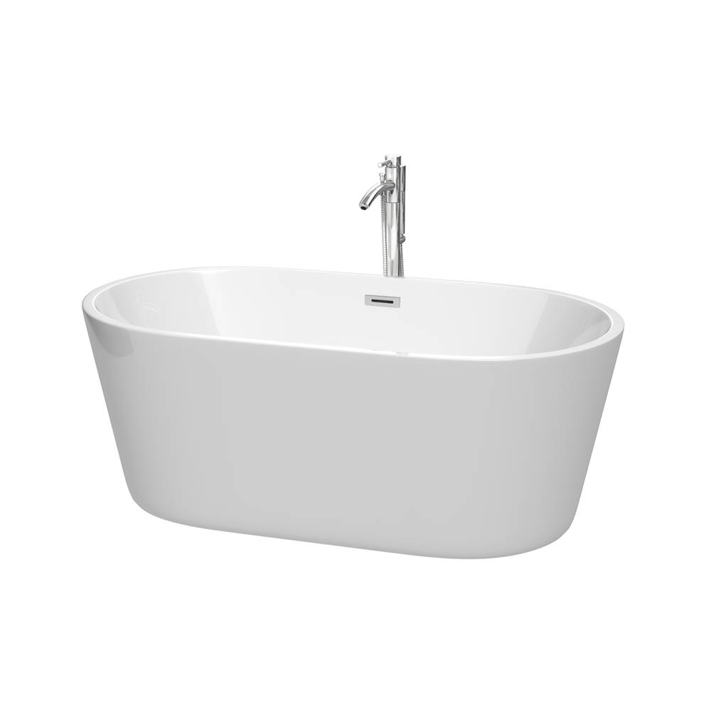 Wyndham Collection Carissa 60 Inch Freestanding Bathtub in White with Floor Mounted Faucet, Drain and Overflow Trim in Polished Chrome