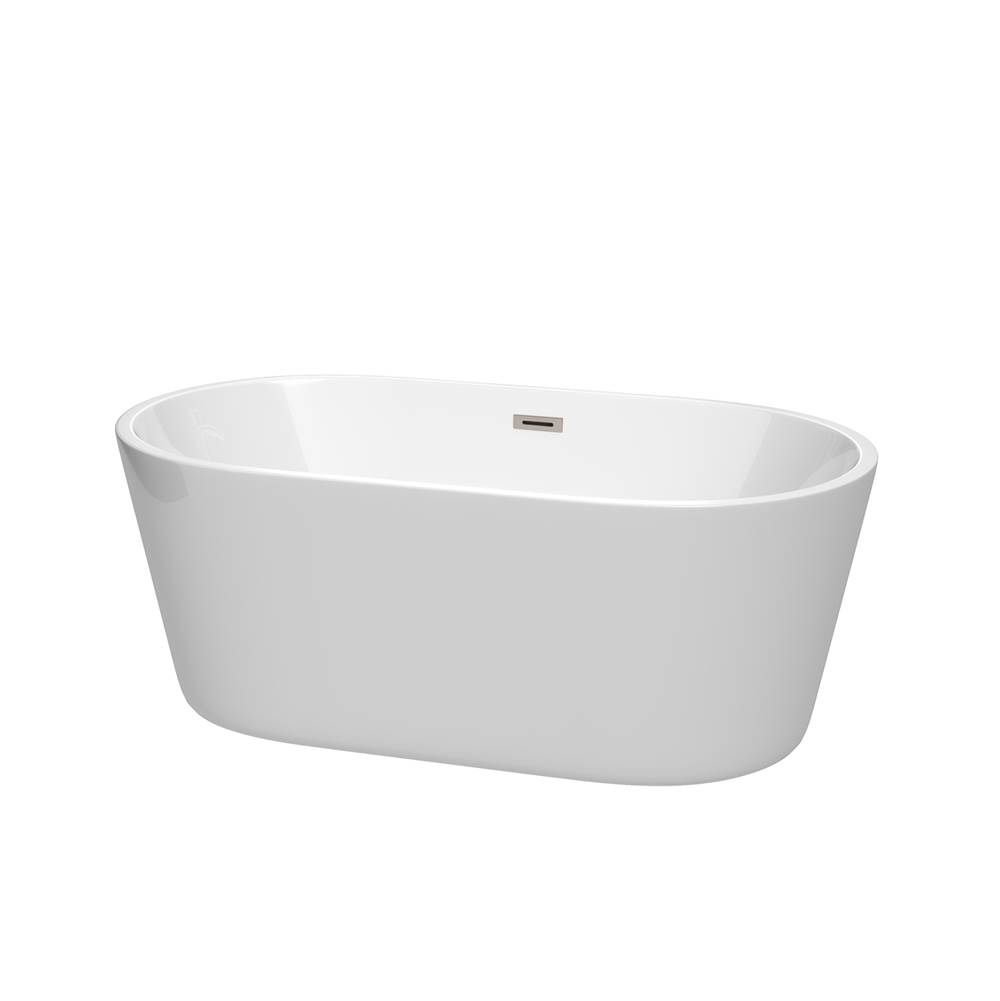Wyndham Collection Carissa 60 Inch Freestanding Bathtub in White with Brushed Nickel Drain and Overflow Trim