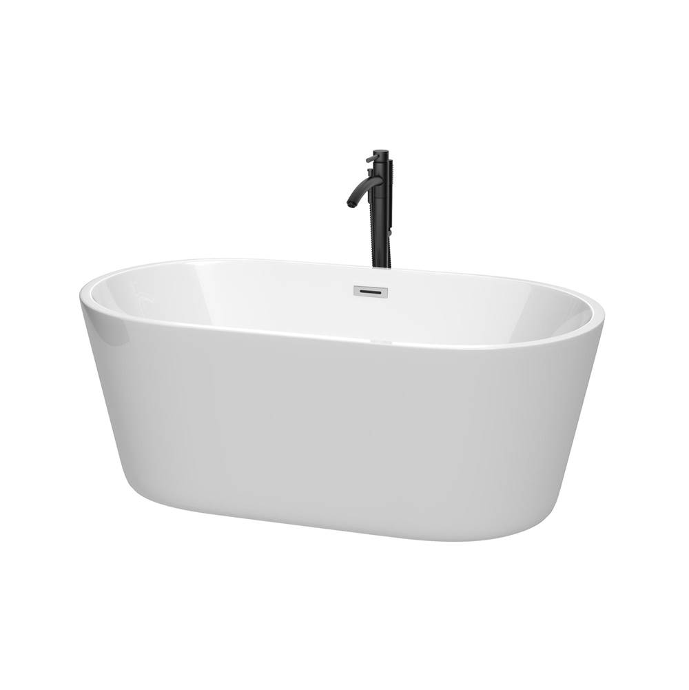 Wyndham Collection Carissa 60 Inch Freestanding Bathtub in White with Polished Chrome Trim and Floor Mounted Faucet in Matte Black