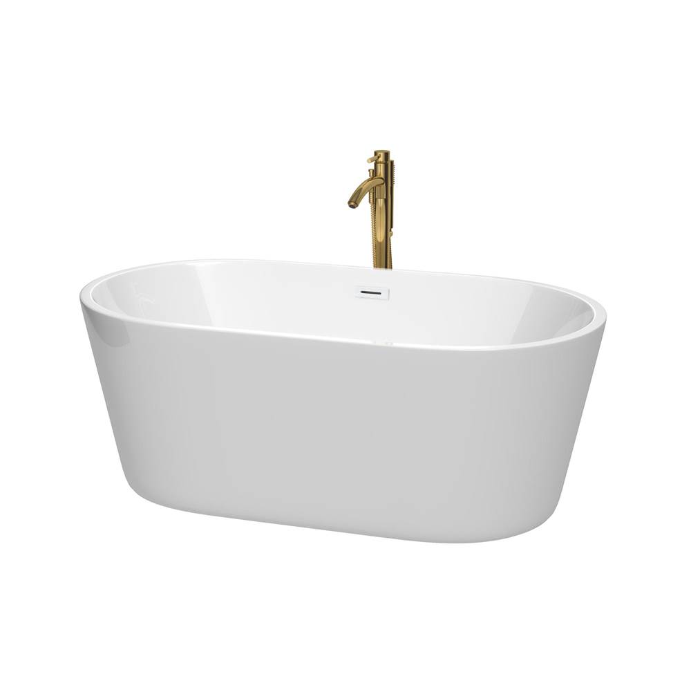 Wyndham Collection Carissa 60 Inch Freestanding Bathtub in White with Shiny White Trim and Floor Mounted Faucet in Brushed Gold