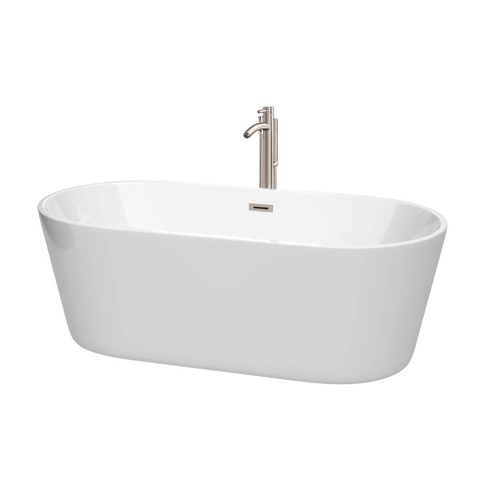 Wyndham Collection Carissa 67 Inch Freestanding Bathtub in White with Floor Mounted Faucet, Drain and Overflow Trim in Brushed Nickel