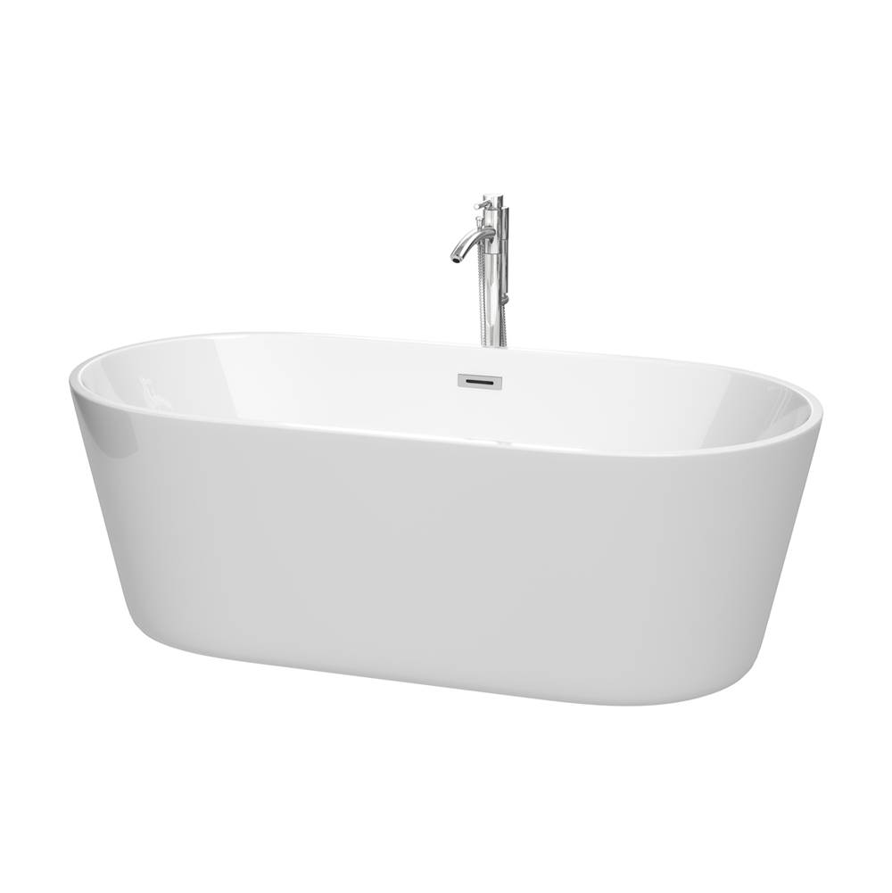 Wyndham Collection Carissa 67 Inch Freestanding Bathtub in White with Floor Mounted Faucet, Drain and Overflow Trim in Polished Chrome