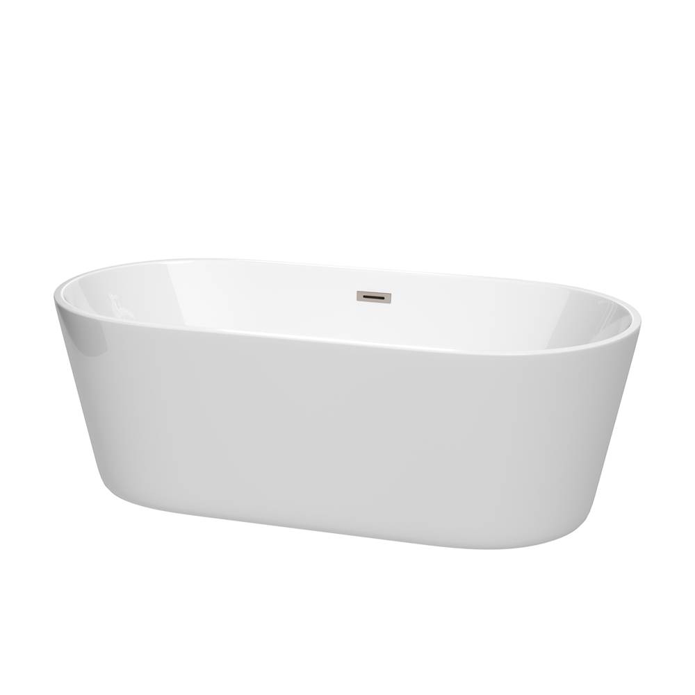 Wyndham Collection Carissa 67 Inch Freestanding Bathtub in White with Brushed Nickel Drain and Overflow Trim