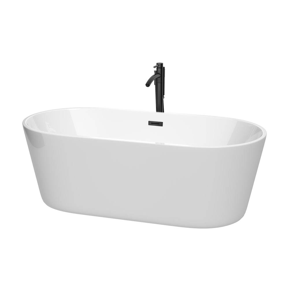 Wyndham Collection Carissa 67 Inch Freestanding Bathtub in White with Floor Mounted Faucet, Drain and Overflow Trim in Matte Black