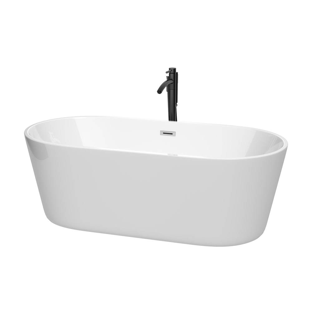 Wyndham Collection Carissa 67 Inch Freestanding Bathtub in White with Polished Chrome Trim and Floor Mounted Faucet in Matte Black