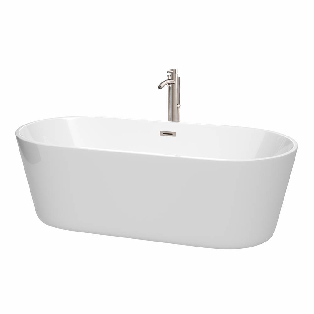 Wyndham Collection Carissa 71 Inch Freestanding Bathtub in White with Floor Mounted Faucet, Drain and Overflow Trim in Brushed Nickel