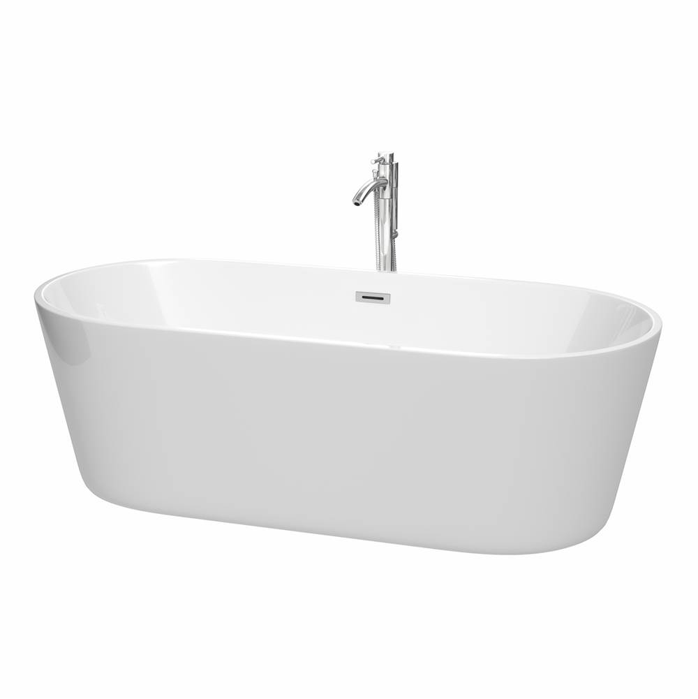 Wyndham Collection Carissa 71 Inch Freestanding Bathtub in White with Floor Mounted Faucet, Drain and Overflow Trim in Polished Chrome