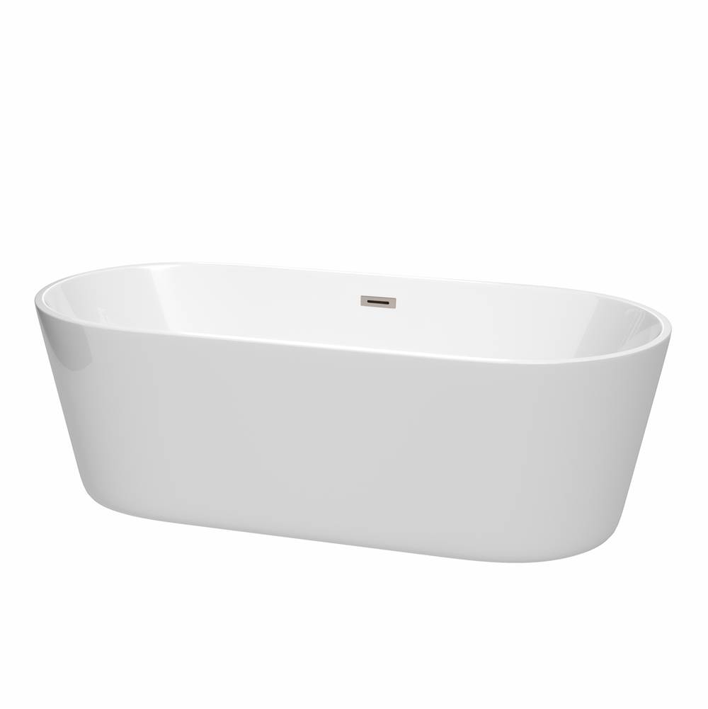 Wyndham Collection Carissa 71 Inch Freestanding Bathtub in White with Brushed Nickel Drain and Overflow Trim