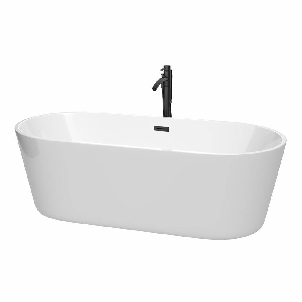 Wyndham Collection Carissa 71 Inch Freestanding Bathtub in White with Floor Mounted Faucet, Drain and Overflow Trim in Matte Black