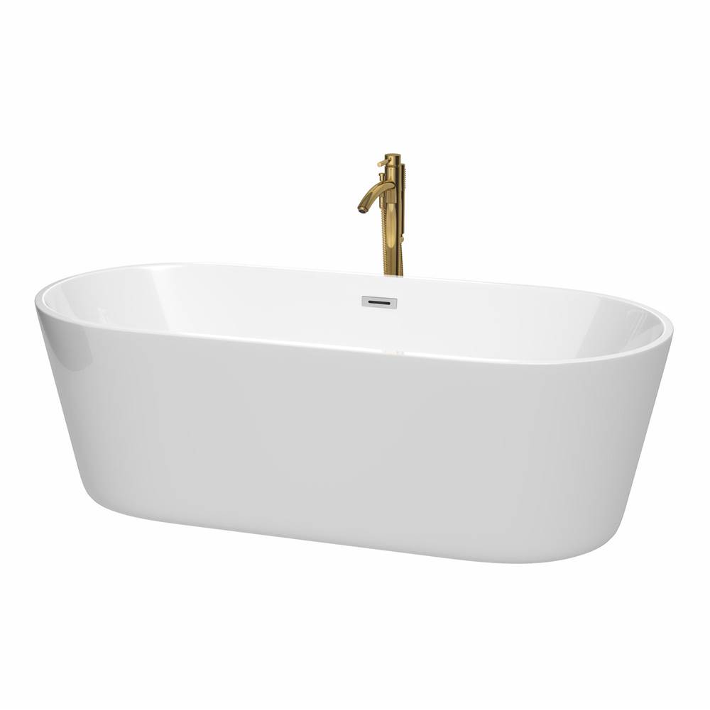 Wyndham Collection Carissa 71 Inch Freestanding Bathtub in White with Polished Chrome Trim and Floor Mounted Faucet in Brushed Gold