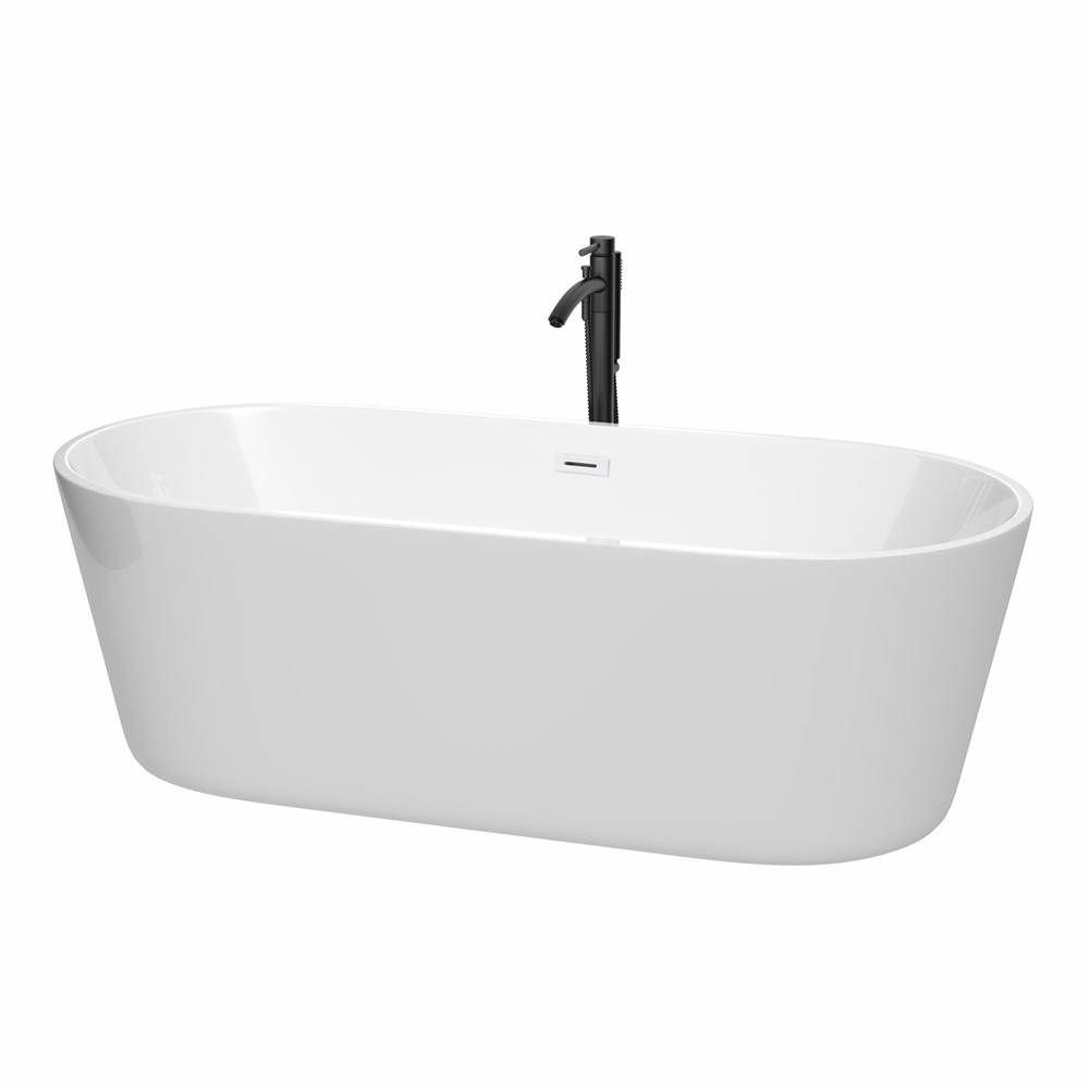 Wyndham Collection Carissa 71 Inch Freestanding Bathtub in White with Shiny White Trim and Floor Mounted Faucet in Matte Black