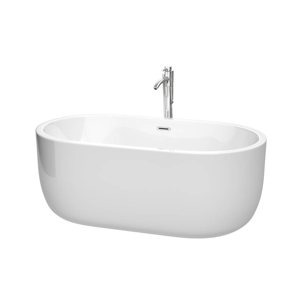 Wyndham Collection Juliette 60 Inch Freestanding Bathtub in White with Floor Mounted Faucet, Drain and Overflow Trim in Polished Chrome