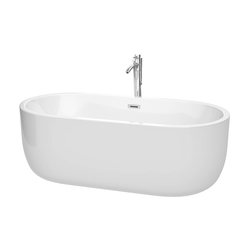 Wyndham Collection Juliette 67 Inch Freestanding Bathtub in White with Floor Mounted Faucet, Drain and Overflow Trim in Polished Chrome