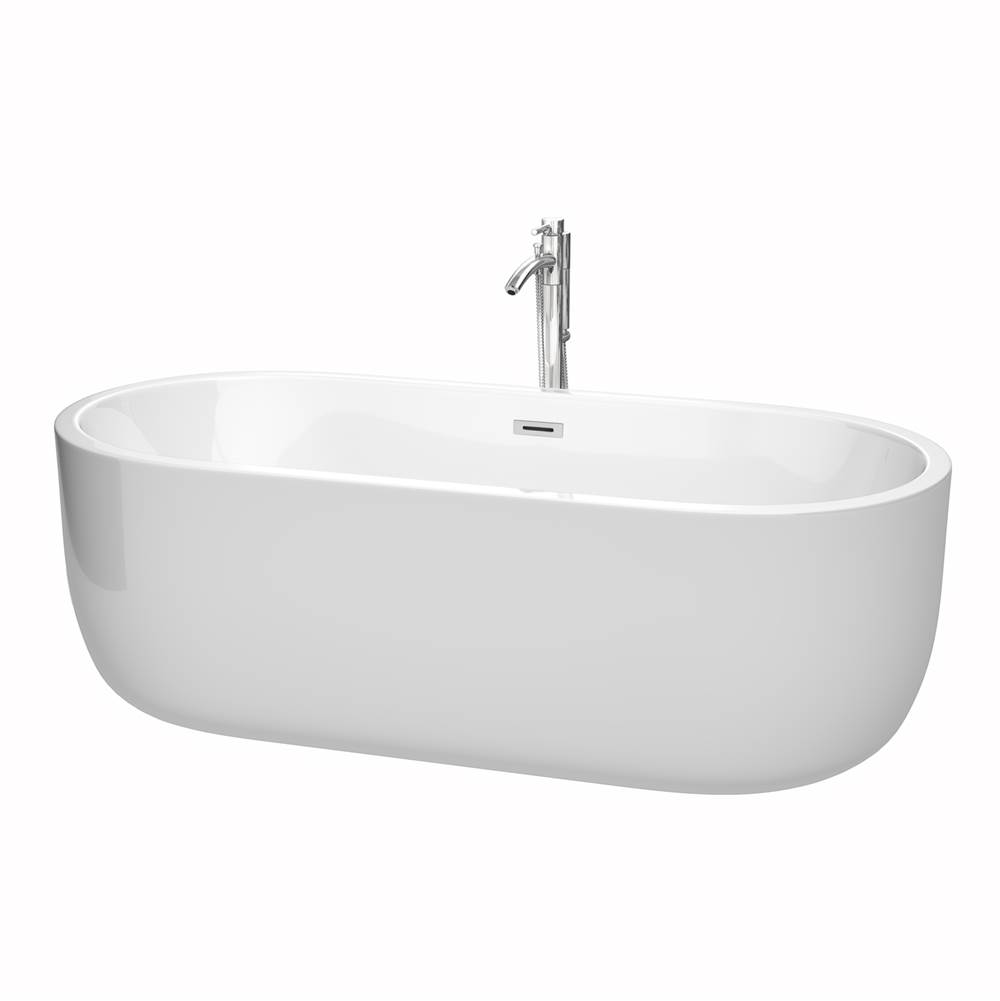 Wyndham Collection Juliette 71 Inch Freestanding Bathtub in White with Floor Mounted Faucet, Drain and Overflow Trim in Polished Chrome