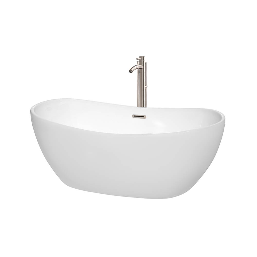 Wyndham Collection Rebecca 60 Inch Freestanding Bathtub in White with Floor Mounted Faucet, Drain and Overflow Trim in Brushed Nickel