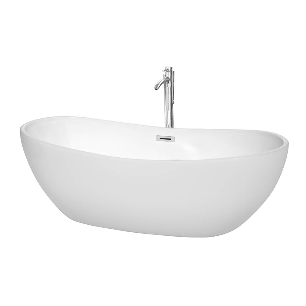Wyndham Collection Rebecca 70 Inch Freestanding Bathtub in White with Floor Mounted Faucet, Drain and Overflow Trim in Polished Chrome
