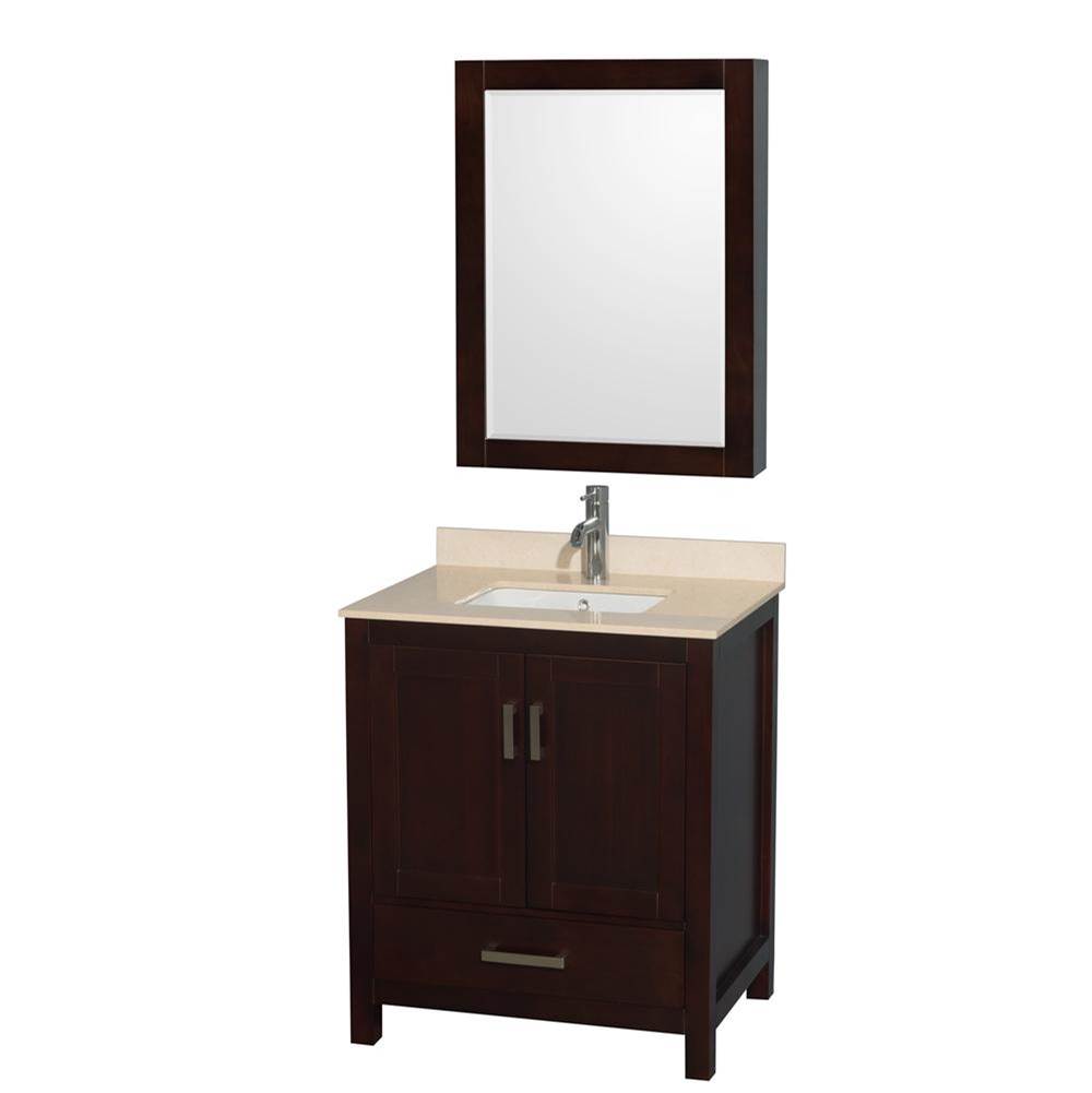 Wyndham Collection Sheffield 30 Inch Single Bathroom Vanity in Espresso, Ivory Marble Countertop, Undermount Square Sink, and Medicine Cabinet