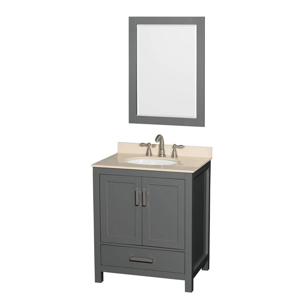 Wyndham Collection Sheffield 30 Inch Single Bathroom Vanity in Dark Gray, Ivory Marble Countertop, Undermount Oval Sink, and 24 Inch Mirror