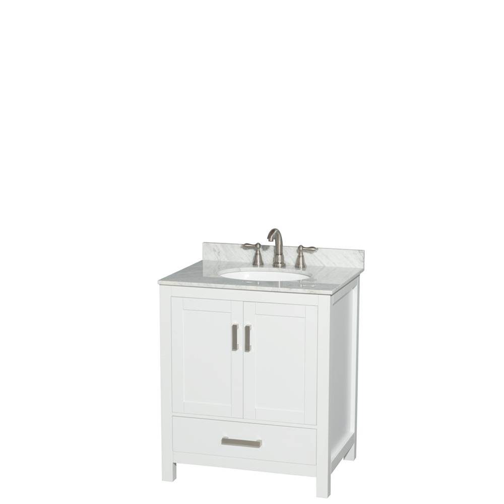 Wyndham Collection Sheffield 30 Inch Single Bathroom Vanity in White, White Carrara Marble Countertop, Undermount Oval Sink, and No Mirror