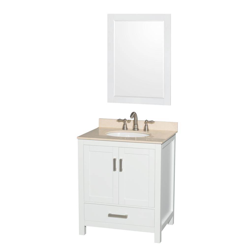 Wyndham Collection Sheffield 30 Inch Single Bathroom Vanity in White, Ivory Marble Countertop, Undermount Oval Sink, and 24 Inch Mirror