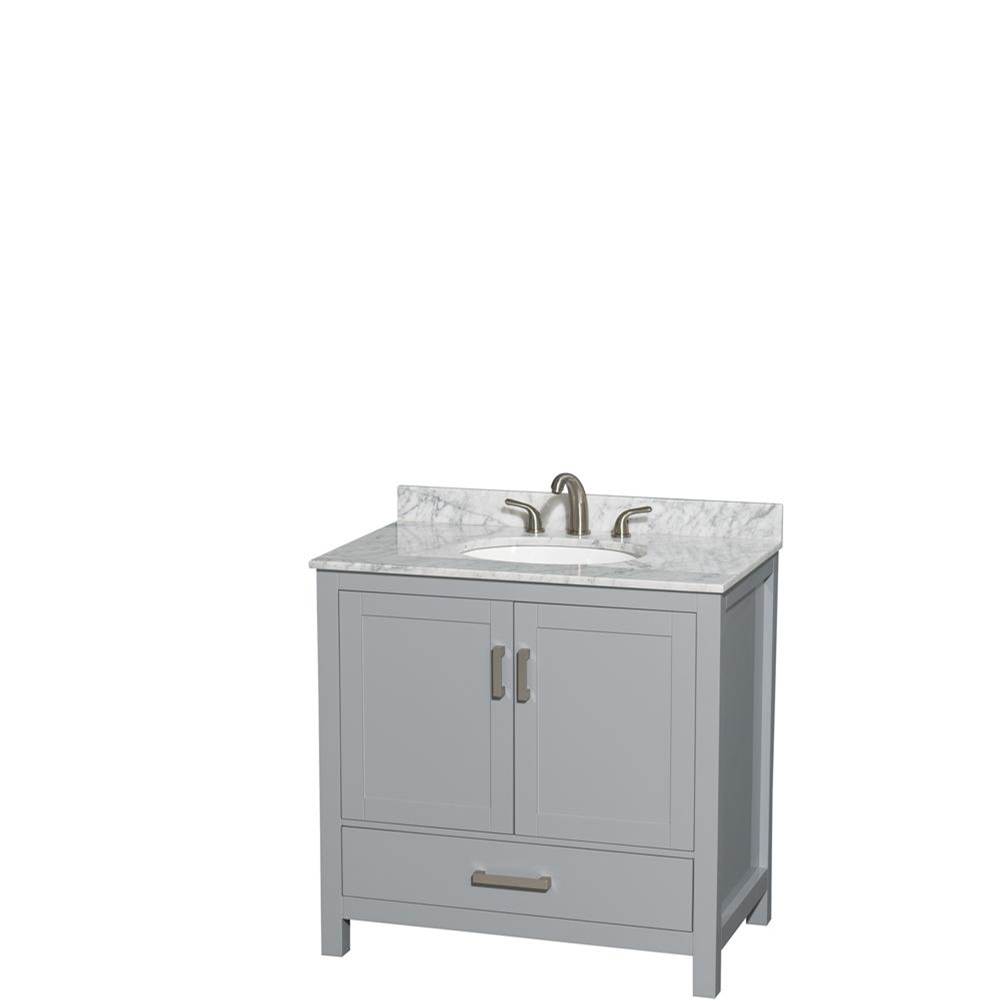Wyndham Collection Sheffield 36 Inch Single Bathroom Vanity in Gray, White Carrara Marble Countertop, Undermount Oval Sink, and No Mirror