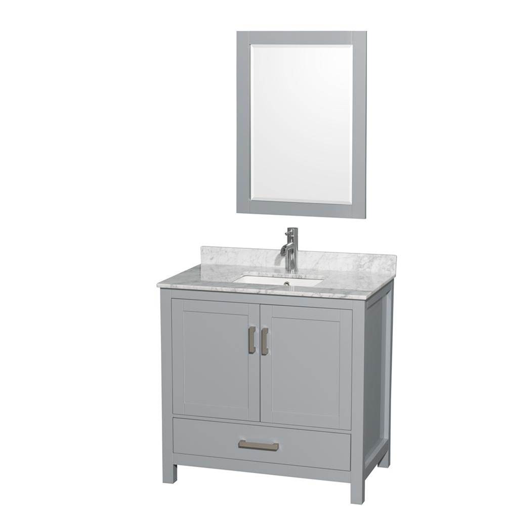 Wyndham Collection Sheffield 36 Inch Single Bathroom Vanity in Gray, White Carrara Marble Countertop, Undermount Square Sink, and 24 Inch Mirror