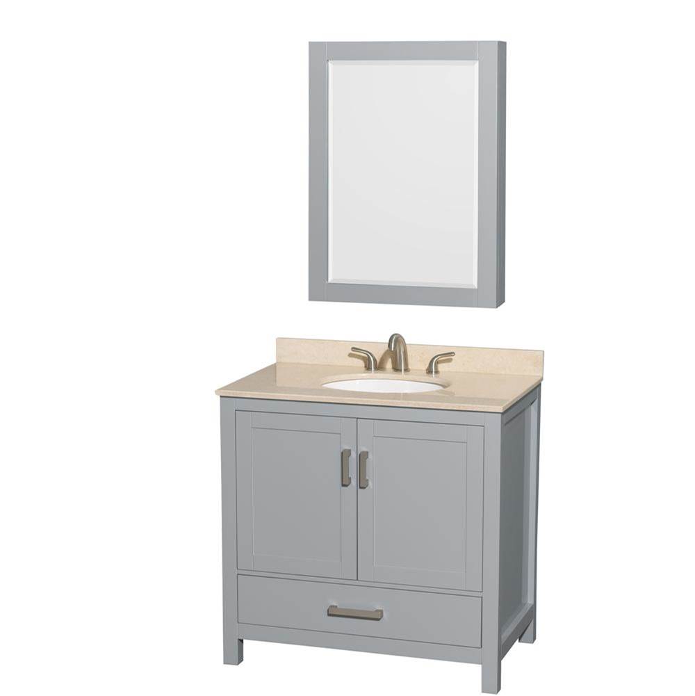 Wyndham Collection Sheffield 36 Inch Single Bathroom Vanity in Gray, Ivory Marble Countertop, Undermount Oval Sink, and Medicine Cabinet