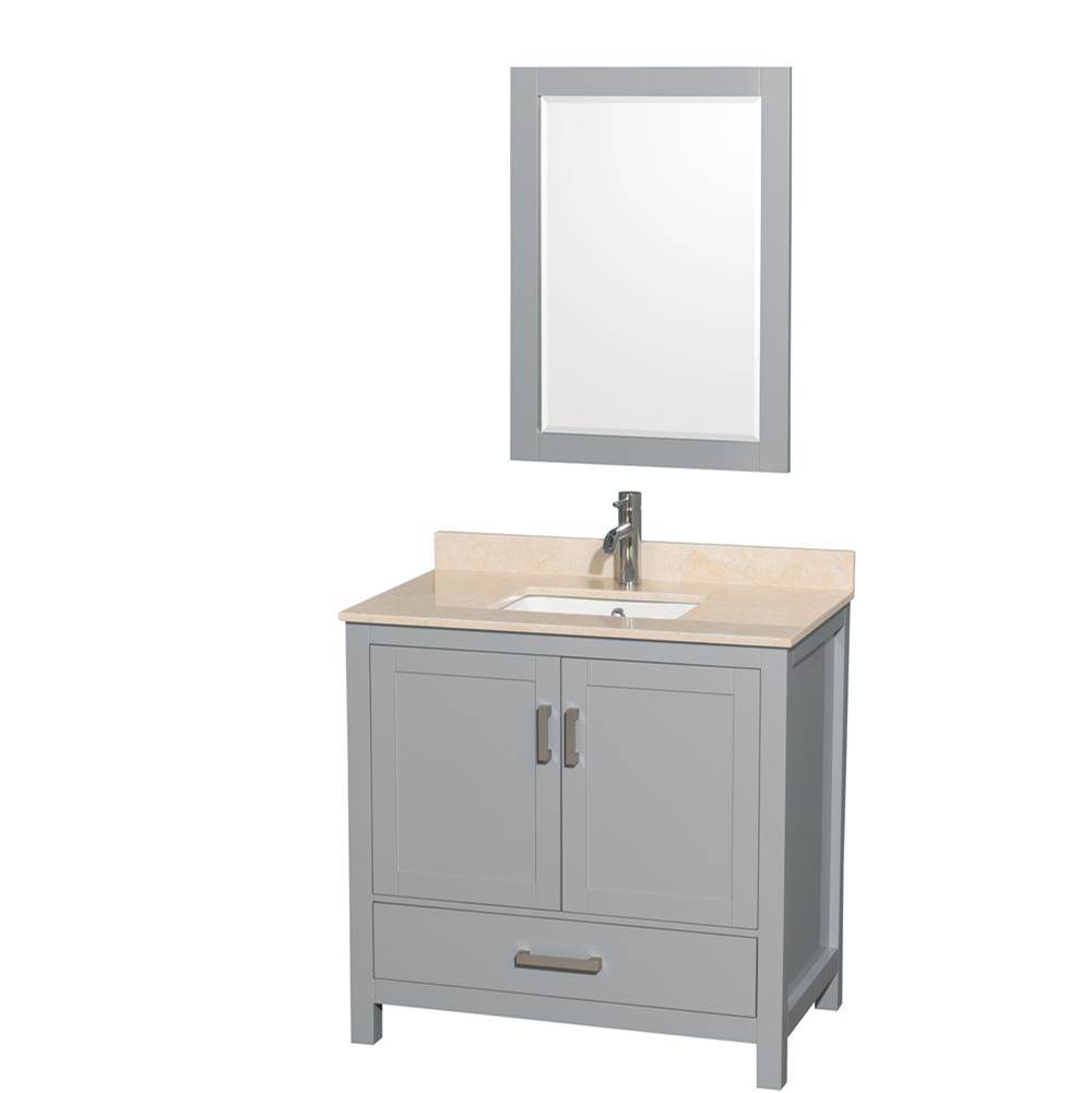 Wyndham Collection Sheffield 36 Inch Single Bathroom Vanity in Gray, Ivory Marble Countertop, Undermount Square Sink, and 24 Inch Mirror