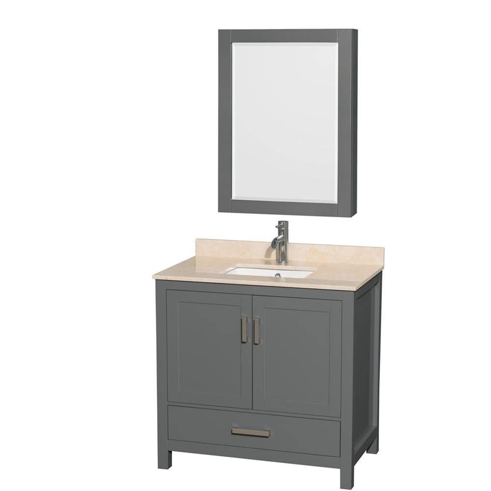 Wyndham Collection Sheffield 36 Inch Single Bathroom Vanity in Dark Gray, Ivory Marble Countertop, Undermount Square Sink, and Medicine Cabinet