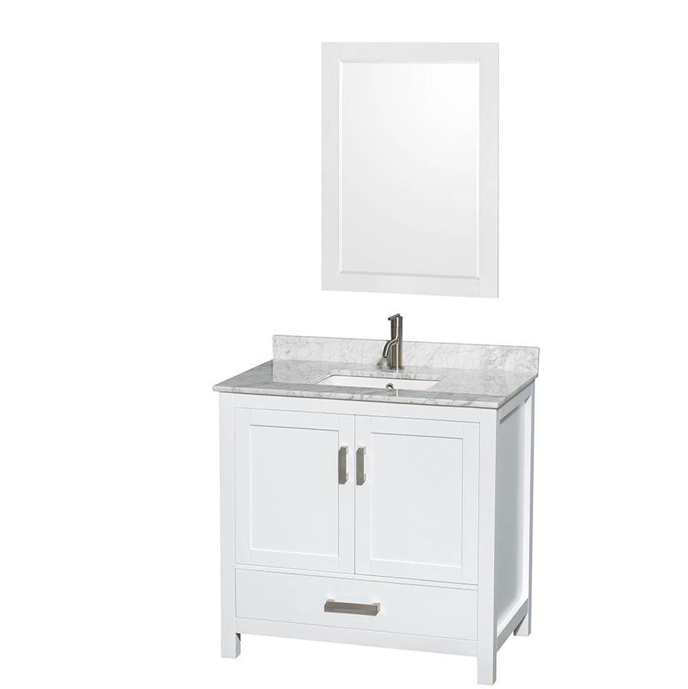 Wyndham Collection Sheffield 36 Inch Single Bathroom Vanity in White, White Carrara Marble Countertop, Undermount Square Sink, and 24 Inch Mirror