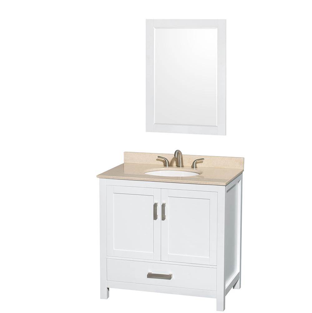 Wyndham Collection Sheffield 36 Inch Single Bathroom Vanity in White, Ivory Marble Countertop, Undermount Oval Sink, and 24 Inch Mirror