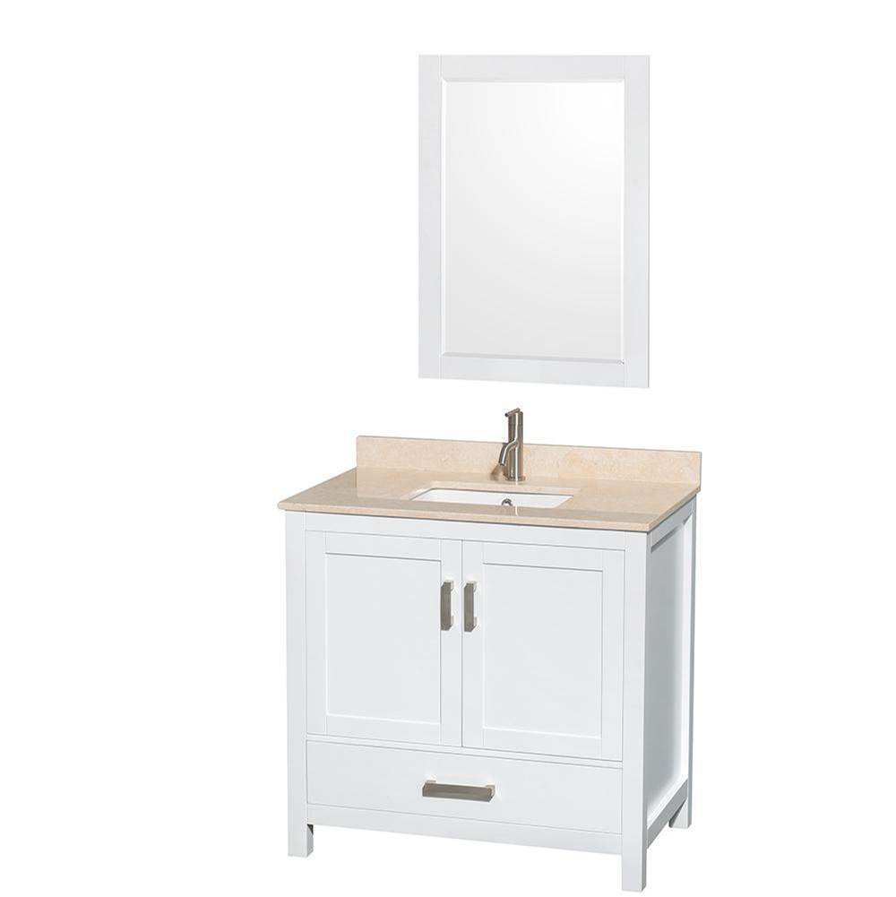 Wyndham Collection Sheffield 36 Inch Single Bathroom Vanity in White, Ivory Marble Countertop, Undermount Square Sink, and 24 Inch Mirror