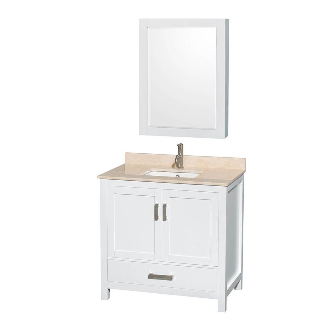 Wyndham Collection Sheffield 36 Inch Single Bathroom Vanity in White, Ivory Marble Countertop, Undermount Square Sink, and Medicine Cabinet