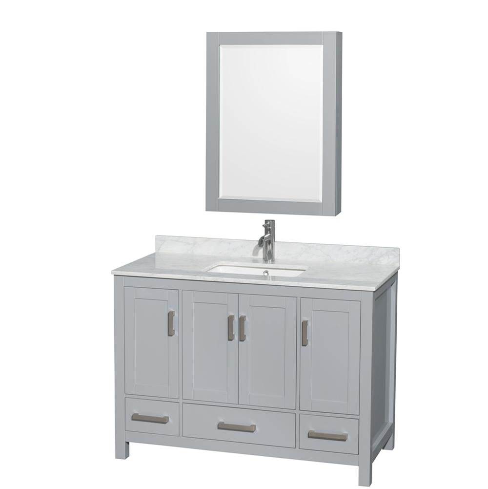 Wyndham Collection Sheffield 48 Inch Single Bathroom Vanity in Gray, White Carrara Marble Countertop, Undermount Square Sink, and Medicine Cabinet