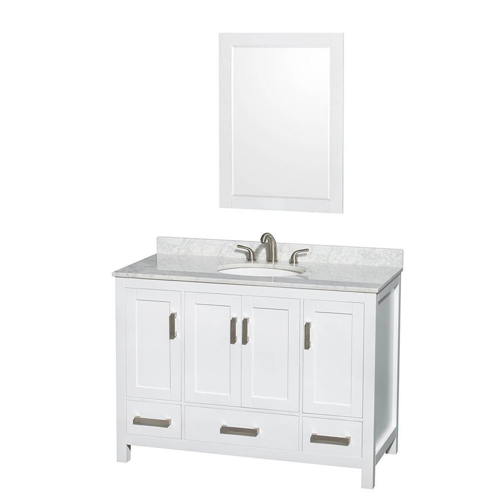 Wyndham Collection Sheffield 48 Inch Single Bathroom Vanity in White, White Carrara Marble Countertop, Undermount Oval Sink, and 24 Inch Mirror