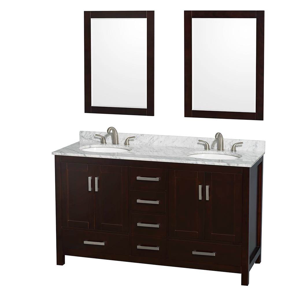 Wyndham Collection Sheffield 60 Inch Double Bathroom Vanity in Espresso, White Carrara Marble Countertop, Undermount Oval Sinks, and 24 Inch Mirrors