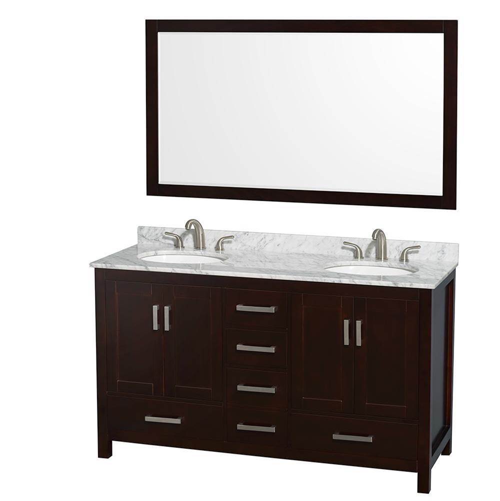 Wyndham Collection Sheffield 60 Inch Double Bathroom Vanity in Espresso, White Carrara Marble Countertop, Undermount Oval Sinks, and 58 Inch Mirror