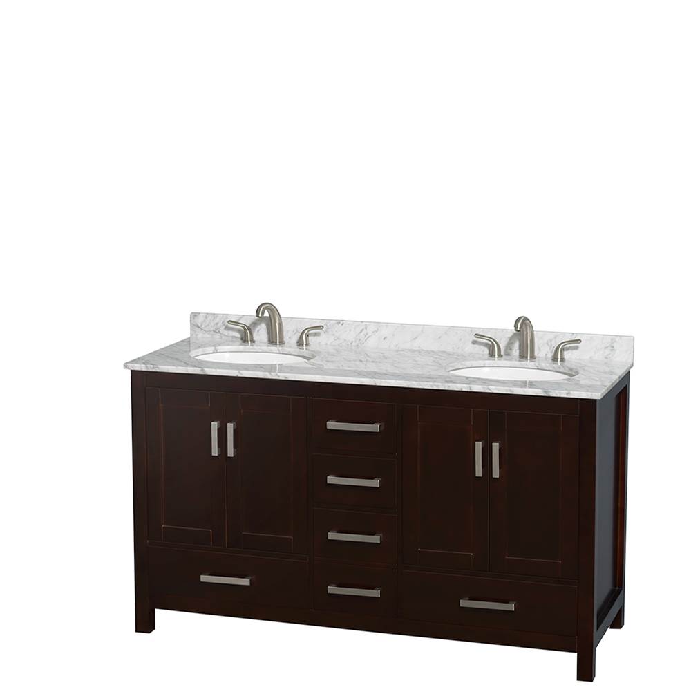 Wyndham Collection Sheffield 60 Inch Double Bathroom Vanity in Espresso, White Carrara Marble Countertop, Undermount Oval Sinks, and No Mirror
