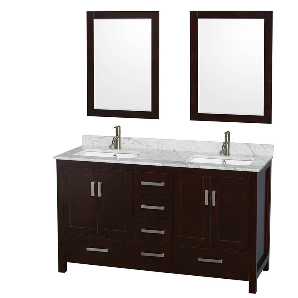 Wyndham Collection Sheffield 60 Inch Double Bathroom Vanity in Espresso, White Carrara Marble Countertop, Undermount Square Sinks, and 24 Inch Mirrors